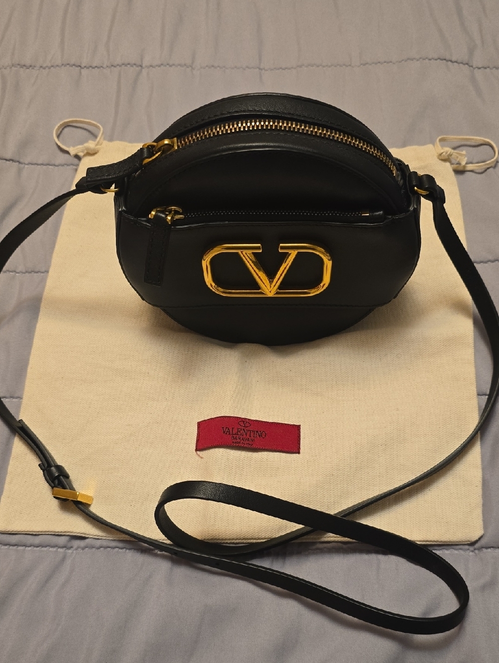Valentino Calfskin  Black Round Crossbody with Gold VLogo